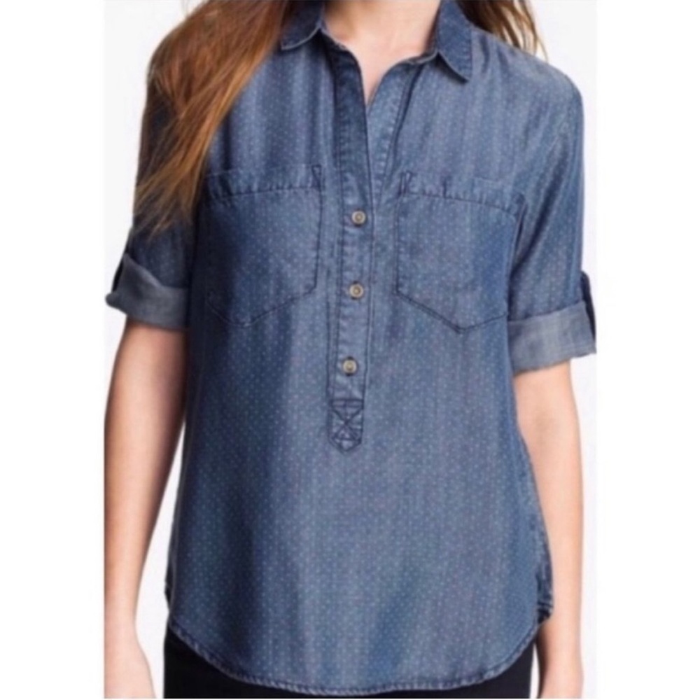 Anthropologie Cloth and Stone Chambray Denim polka dot top